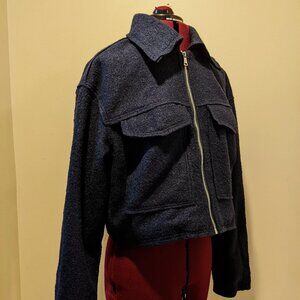 Women's Cropped Navy Blue Woolen Jacket – Size S